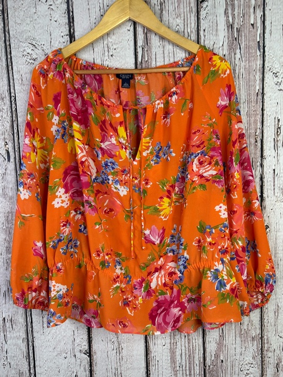 Chaps Tops - CHAPS Women’s Large Orange Floral Print Blouse Tie‎ Neck Woven Fabric Small Flaw